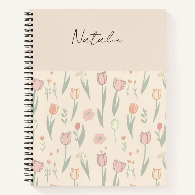 Monogram Cute girly tulips pink background script Notebook (Front)