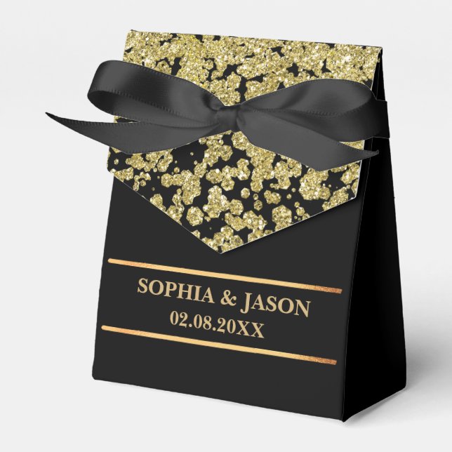 Monogram Cute Gold Glitter Wedding  Favor Boxes (Front Side)