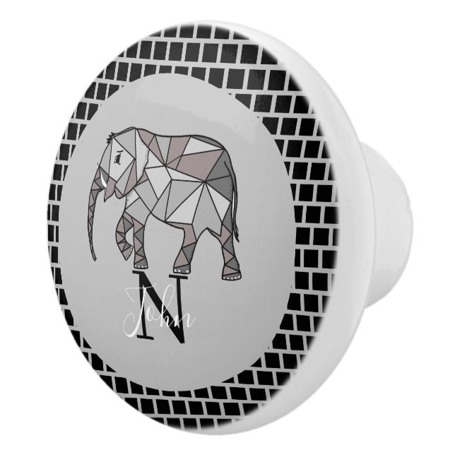 Monogram Cute Graphics Elephant Personalized Black Ceramic Knob (Right)