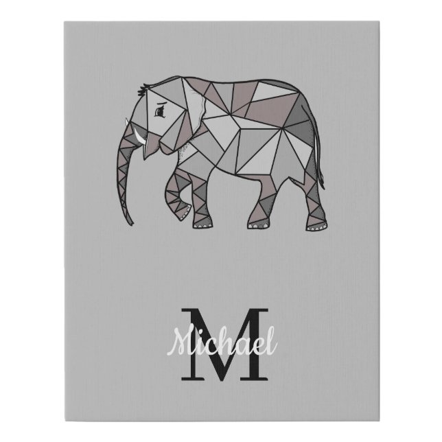 Monogram Cute Graphics Elephant Personalized Black Faux Canvas Print (Front)