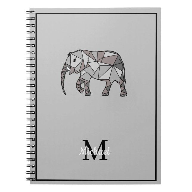 Monogram Cute Graphics Elephant Personalized Black Notebook (Front)
