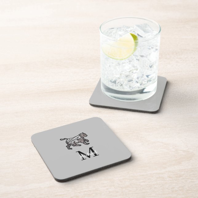 Monogram Cute Graphics Personalized Black Cet Beverage Coaster (Right Side)