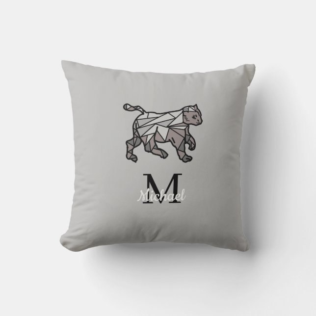 Monogram Cute Graphics Personalized Black Cet Throw Pillow (Front)