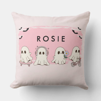 Monogram Cute Halloween Pink Ghosts Spooky Throw Pillow