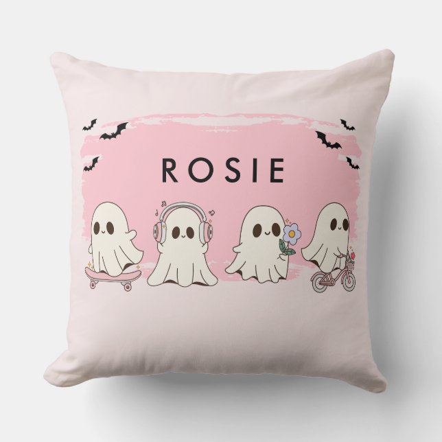 Monogram Cute Halloween Pink Ghosts Spooky Throw Pillow (Front)