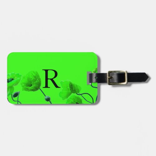 Monogram Cute Initials Bright Neon Green Floral Luggage Tag