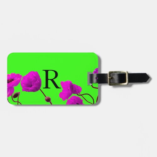 Monogram Cute Initials Neon Green Purple Floral Luggage Tag