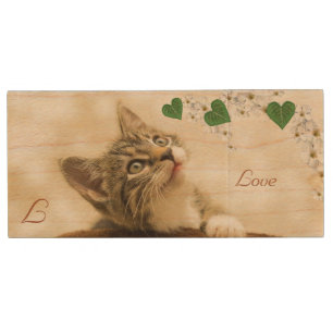 Monogram, Cute Kitty Cat, Flowers and Hearts Wood Flash Drive