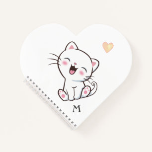 Monogram & Cute Kitty Cat on White Notebook