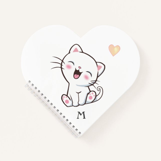 Monogram & Cute Kitty Cat on White Notebook (Front)
