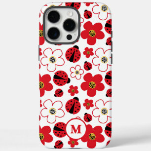 Monogram Cute Ladybug Red White Flower Pattern iPhone 16 Pro Max Case