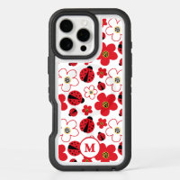 Monogram Cute Ladybug Red White Flower Pattern