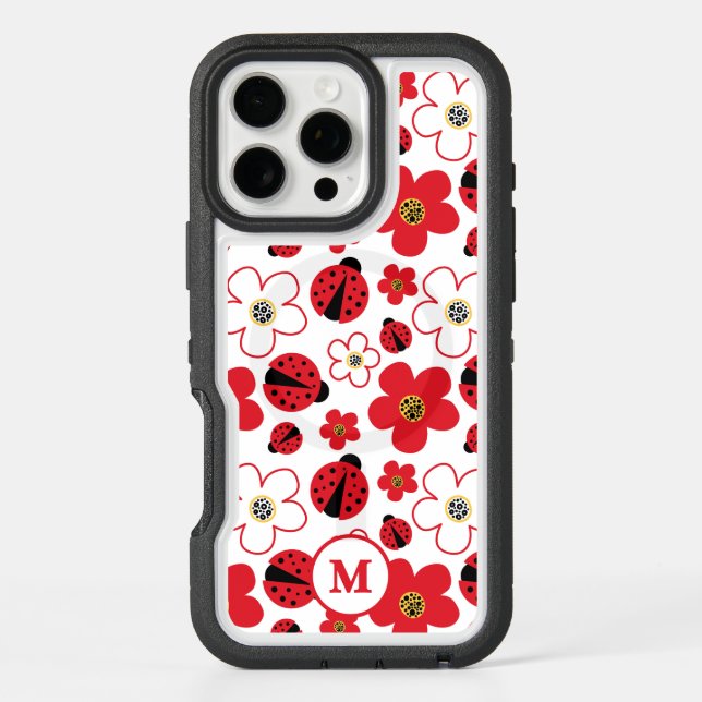 Monogram Cute Ladybug Red White Flower Pattern Otterbox iPhone Case (Back)