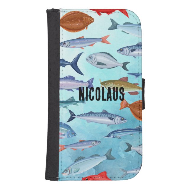 Monogram cute ocean fish Blue pattern Samsung Galaxy Wallet Case (Front)