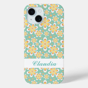 Monogram cute orange flowers on green iPhone 15 case