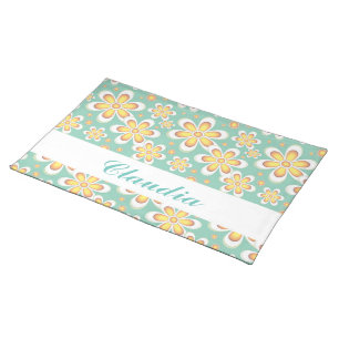 Monogram cute orange flowers on green cloth placemat