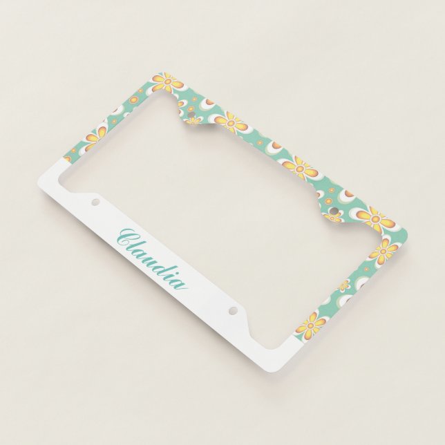 Monogram cute orange flowers on green license plate frame (3/4)