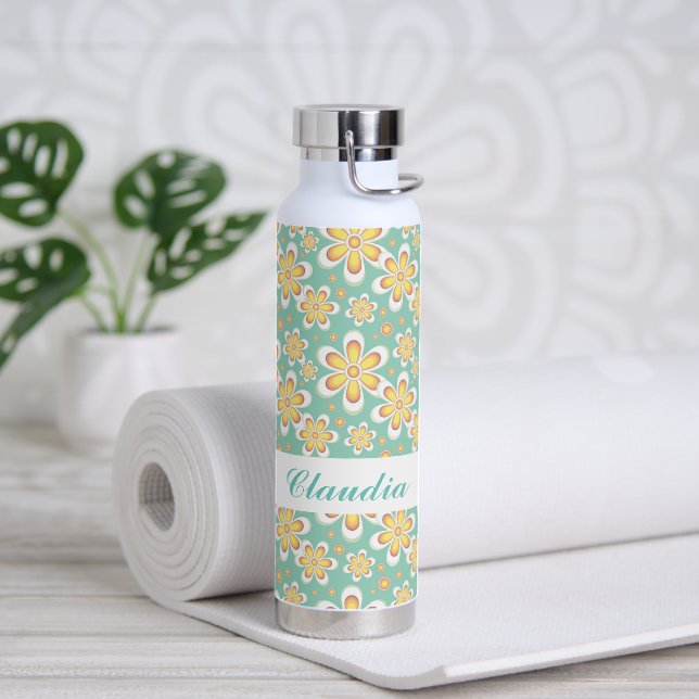 Monogram cute orange flowers on green water bottle (Yoga)