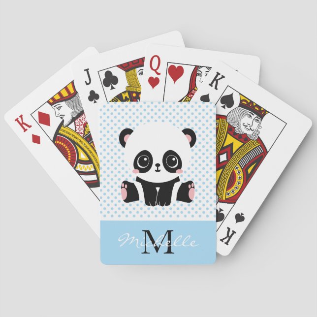 Monogram Cute Panda Bear Personalized Polka Dot Poker Cards (Back)
