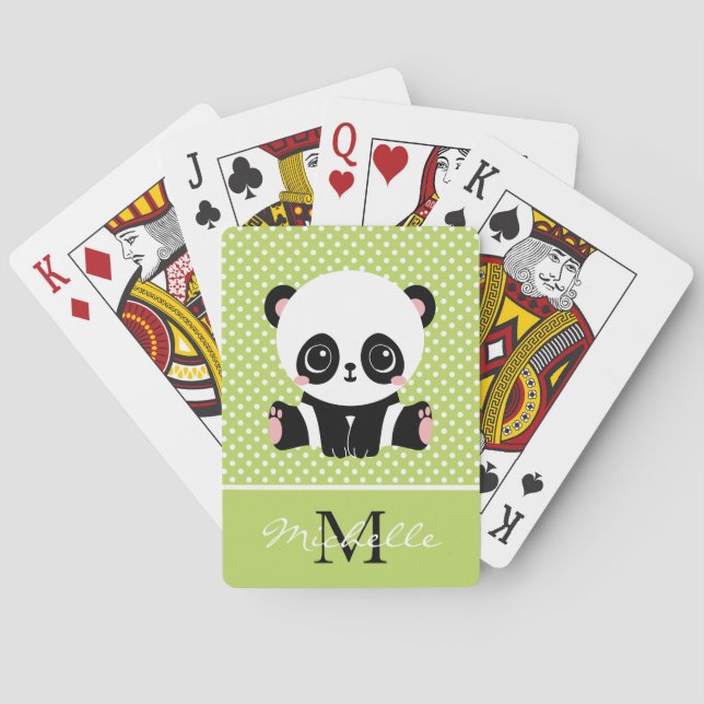 Monogram Cute Panda Bear Personalized Polka Dot Poker Cards (Back)