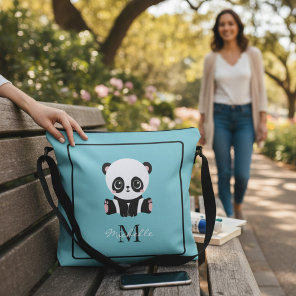 Monogram Cute Panda Blue Personalized Name Crossbody Bag