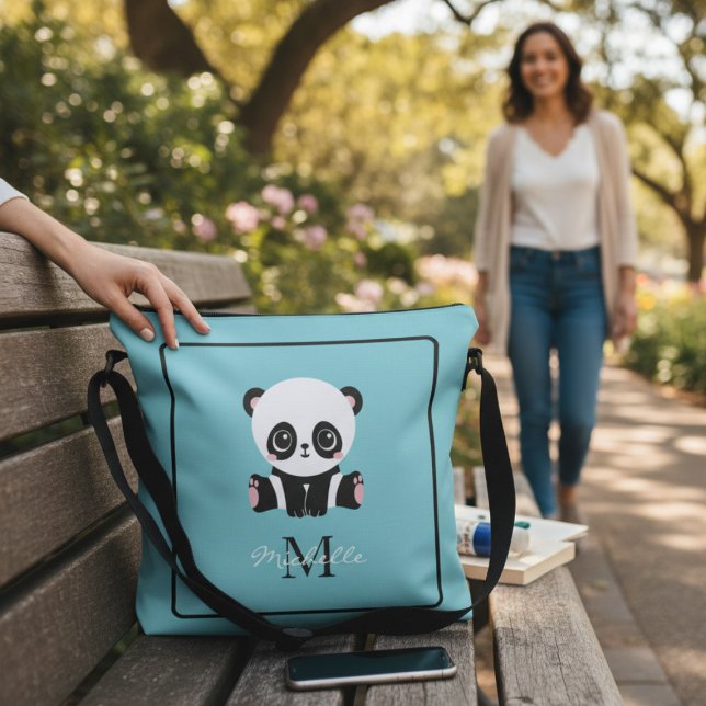 Monogram Cute Panda Blue Personalized Name Crossbody Bag (Creator Uploaded)
