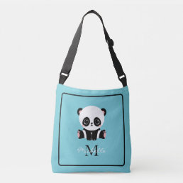 Monogram Cute Panda Blue Personalized Name Crossbody Bag