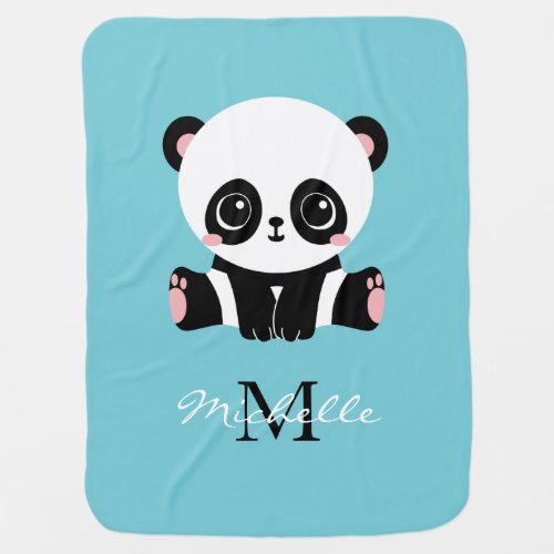 Monogram Cute Panda Personalized Bubble Gum Blue Baby Blanket
