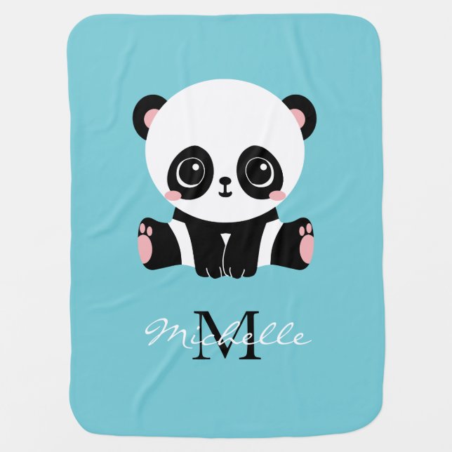 Monogram Cute Panda Personalized Bubble Gum Blue Baby Blanket (Front)