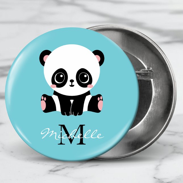 Monogram Cute Panda Personalized Bubble Gum Blue Button (Creator Uploaded)