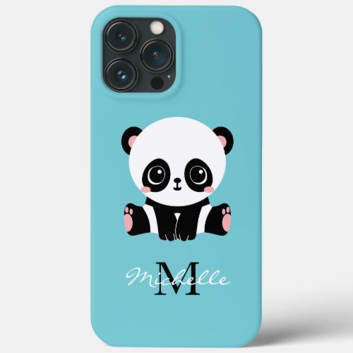 Monogram Cute Panda Personalized Bubble Gum Blue iPhone 13 Pro Max Case