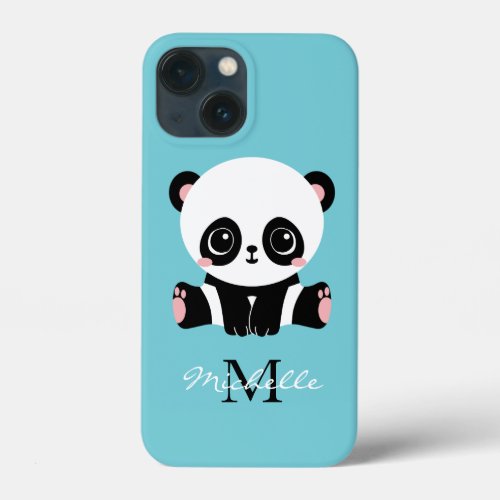 Monogram Cute Panda Personalized Bubble Gum Blue iPhone 13 Mini Case