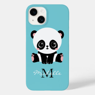 Monogram Cute Panda Personalized Bubble Gum Blue Case-Mate iPhone 14 Case