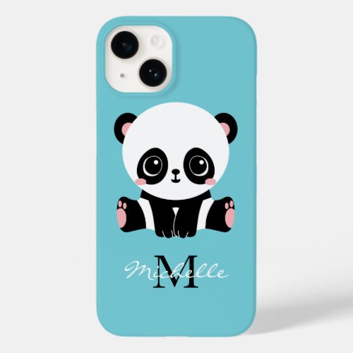 Monogram Cute Panda Personalized Bubble Gum Blue Case_Mate iPhone 14 Case