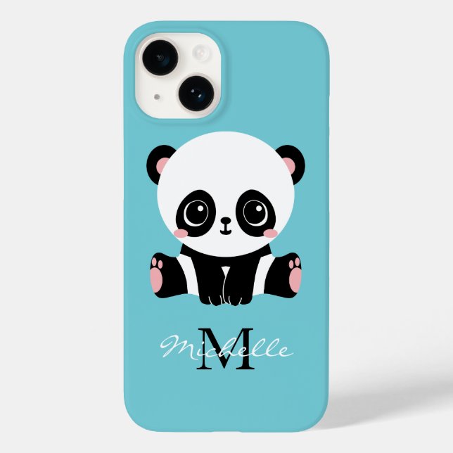 Monogram Cute Panda Personalized Bubble Gum Blue Case-Mate iPhone Case (Back)