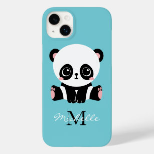 Monogram Cute Panda Personalized Bubble Gum Blue Case-Mate iPhone 14 Plus Case