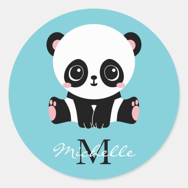 Monogram Cute Panda Personalized Bubble Gum Blue Classic Round Sticker (Front)