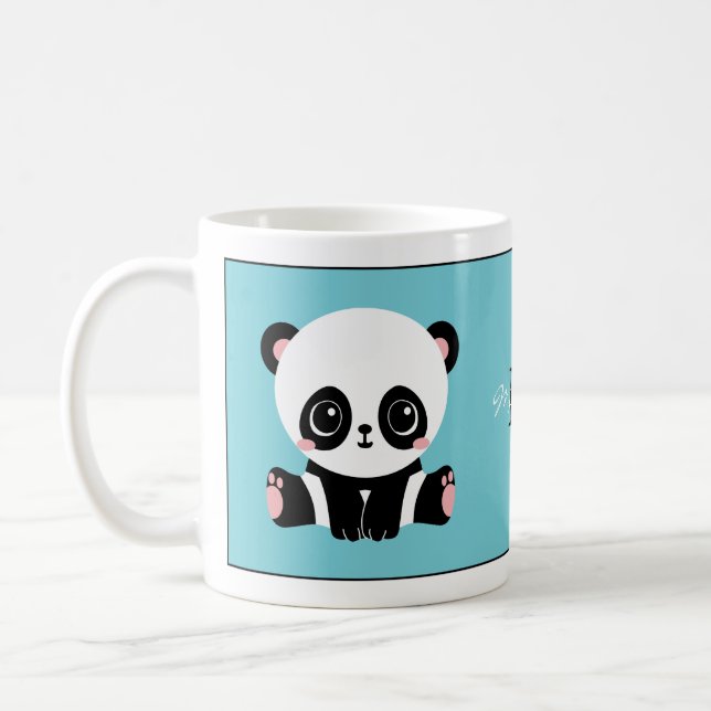 Monogram Cute Panda Personalized Bubble Gum Blue Coffee Mug (Left)