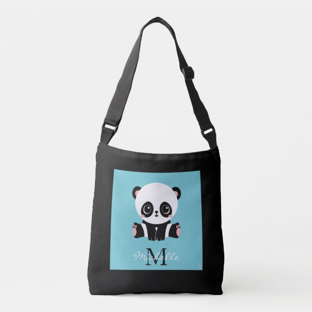 Monogram Cute Panda Personalized Bubble Gum Blue Crossbody Bag (Front)