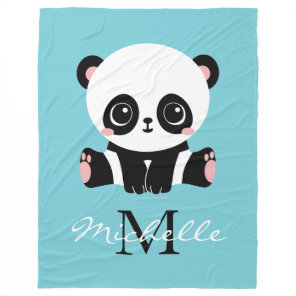 Monogram Cute Panda Personalized Bubble Gum Blue Fleece Blanket