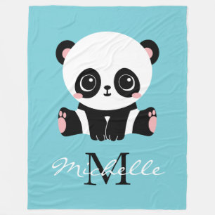 Monogram Cute Panda Personalized Bubble Gum Blue Fleece Blanket