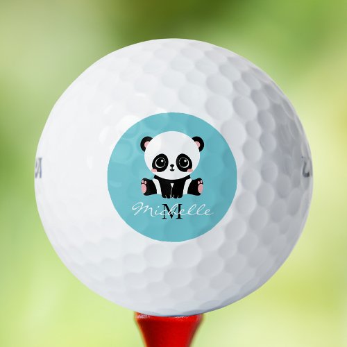 Monogram Cute Panda Personalized Bubble Gum Blue Golf Balls