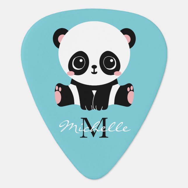 Monogram Cute Panda Personalized Bubble Gum Blue Guitar Pick (Front)