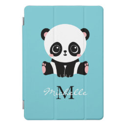 Monogram Cute Panda Personalized Bubble Gum Blue iPad Pro Cover