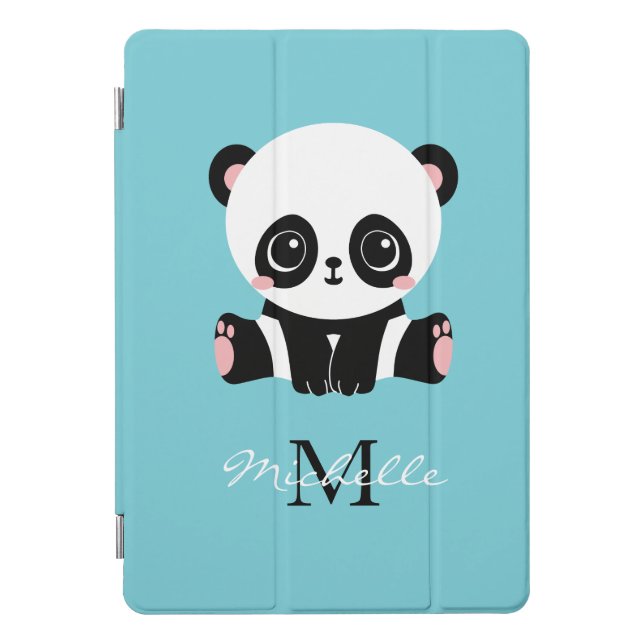 Monogram Cute Panda Personalized Bubble Gum Blue iPad Pro Cover (Front)