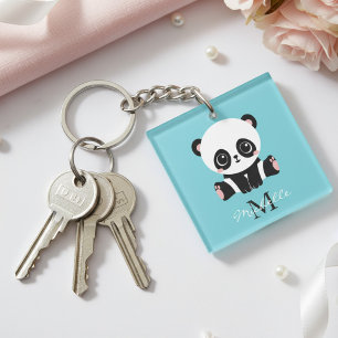 Monogram Cute Panda Personalized Bubble Gum Blue Keychain