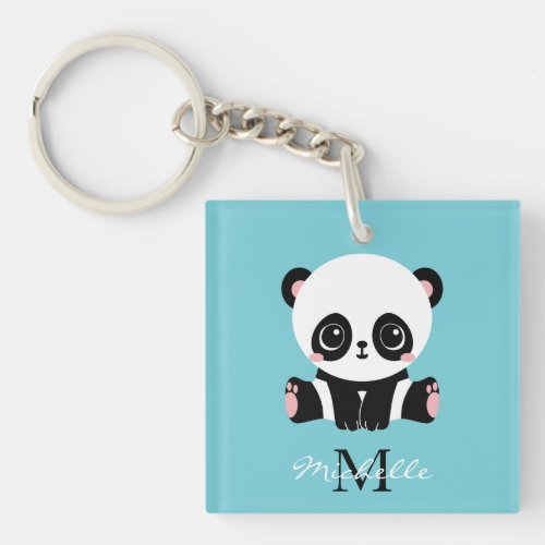 Monogram Cute Panda Personalized Bubble Gum Blue Keychain