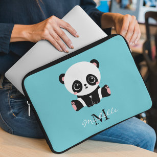Monogram Cute Panda Personalized Bubble Gum Blue Laptop Sleeve