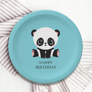 Monogram Cute Panda Personalized Bubble Gum Blue Paper Plates