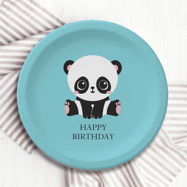 Monogram Cute Panda Personalized Bubble Gum Blue Paper Plates (Creator Uploaded)